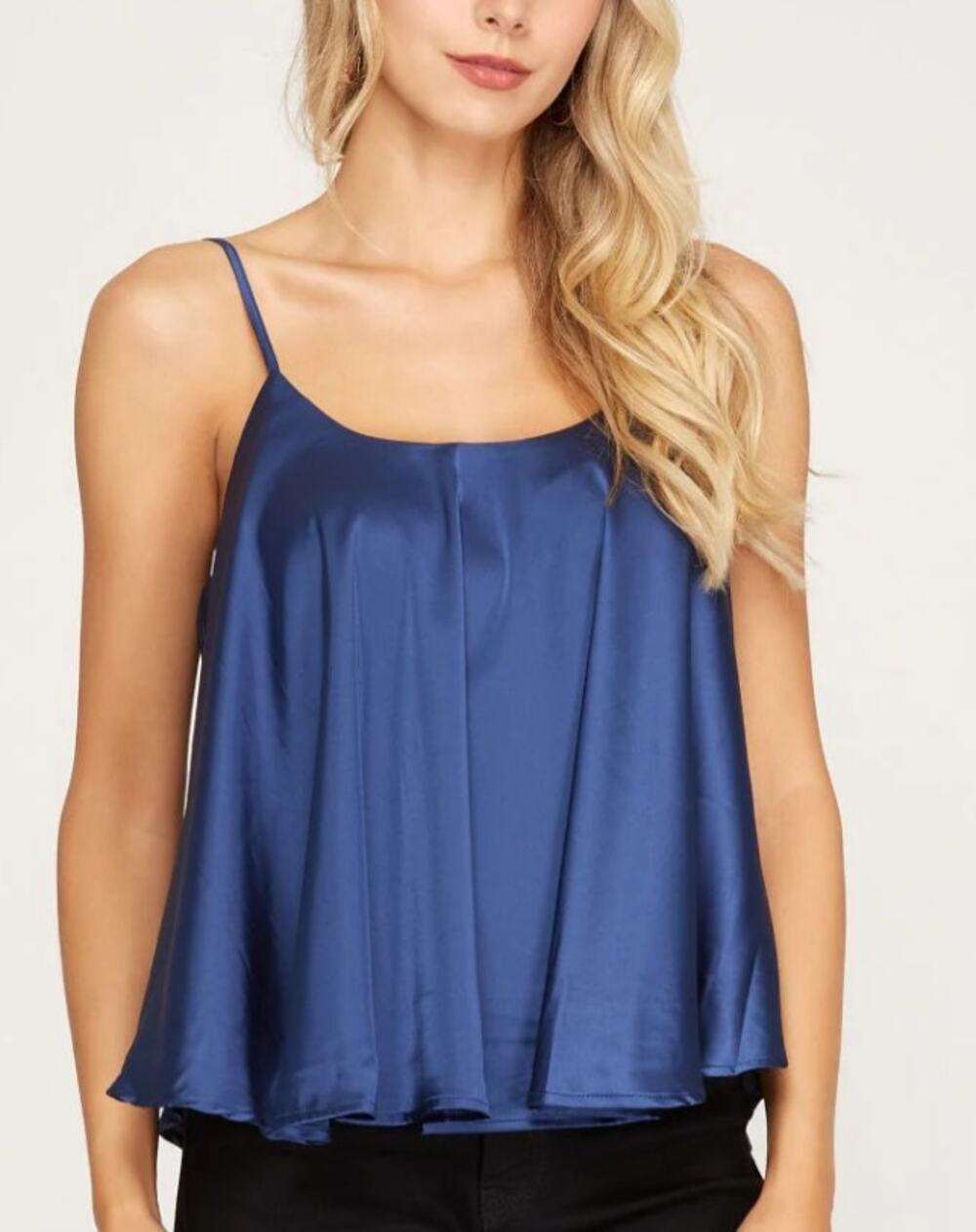 SHE + SKY NAVY BLUE ROUNDED NECK SATIN CAMI TOP